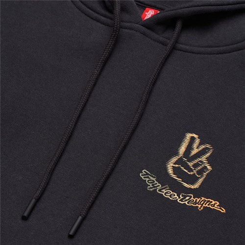 Experience winter stoke with the black TLD 25.1 Peace Out Hoodie, featuring an embroidered peace sign logo and "Troy Lee Designs" text. Perfect for sweet hoods moments.