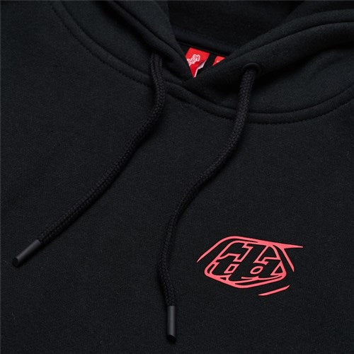 Check out the TLD 25.1 Branded Hoodie, a black hoodie adorned with a red abstract logo on the chest. It's perfect for chilly winters, featuring stylish black drawstrings.