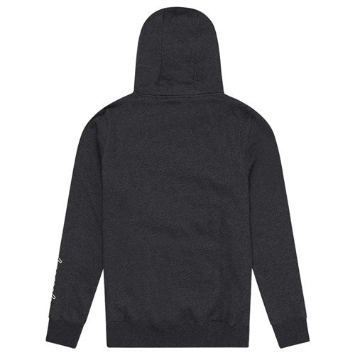 The TLD 25.1 Stamp Hoodie showcases a plain, dark gray back with a hood and long sleeves. Ideal for winter, it includes a subtle design detail on the left sleeve.