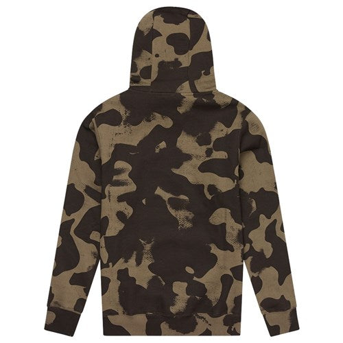 The TLD 25.1 Signature Pull Over Hoodie, featuring a green and brown camouflage pattern and shown from the back, is an ideal addition to any wardrobe.