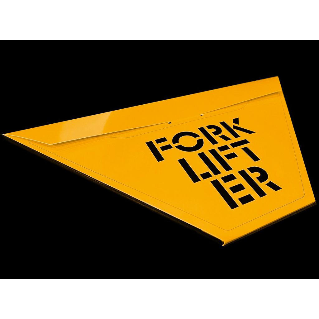 A sign shaped like a triangle with the words "FORKLIFTER" prominently cut out in black uppercase letters on a yellow background, similar to the Redline By Kastan Forklifter Number Plate.