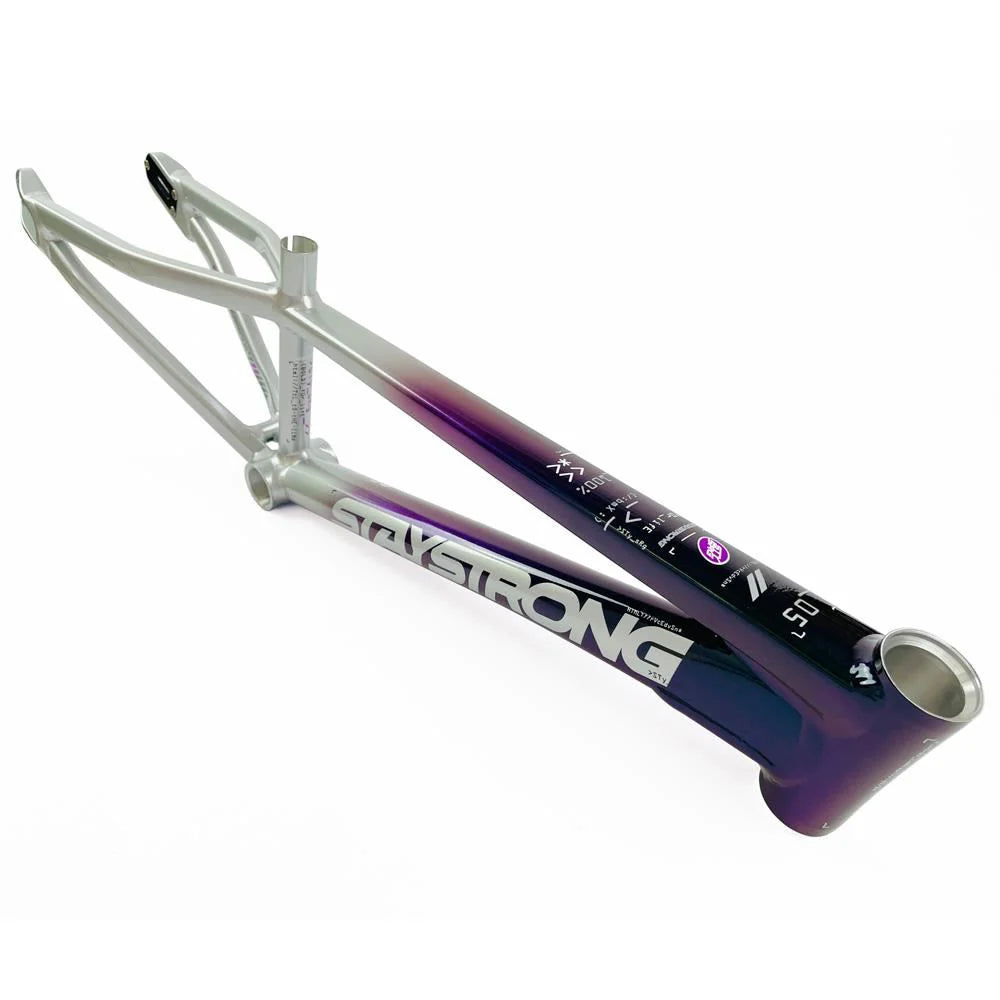 A Staystrong V5 Disc Expert Frame with a gradient color from silver to dark purple, featuring branding and logos, is shown against a white background. The frame is crafted from 6061 alloy tubing for lightweight durability.