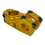 A gold-colored S&M Race XLT Stem, crafted from 6061 grade aluminum with black bolts, used to connect the handlebars to the steerer tube.