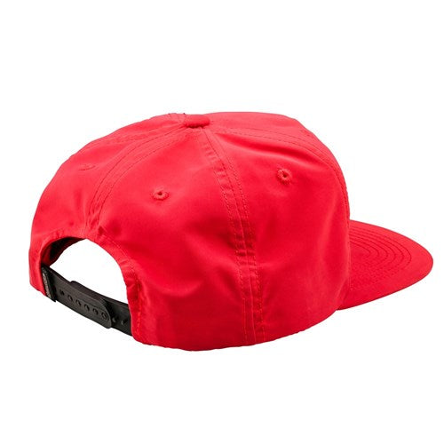 The TLD 25.1 Enjoy Unstructured Hat is a sweet red baseball cap featuring a black adjustable strap at the back, displayed on a plain white background.