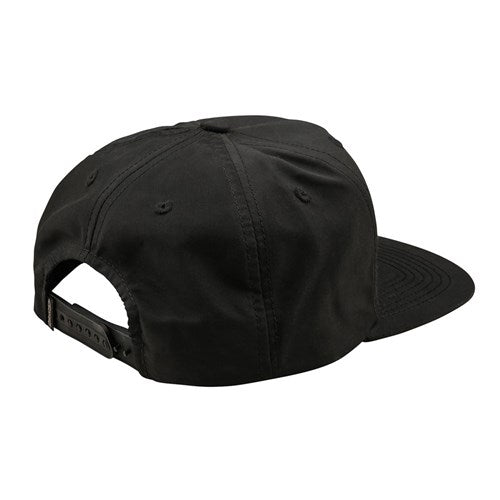 The TLD 25.1 Smiley Unstructured Snapback, shown from the back, is a black hat featuring a flat brim and adjustable strap for comfort. Its fun design echoes Troy Lee Designs' playful aesthetic.