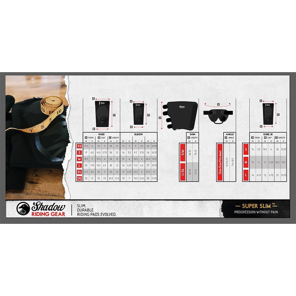 Image of Shadow Conspiracy Invisa-Lite Shin Pads' sizing chart, featuring a measuring tape and durable shin protection pads.