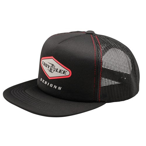 The TLD 25.1 Carb Trucker Hat is a black baseball cap with a mesh back, red stitching, and a "Troy Lee Designs" logo on the front. It features an adjustable snapback closure for the perfect fit.