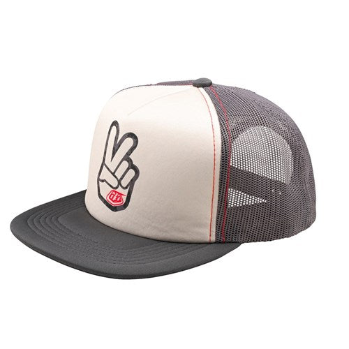 The TLD 25.1 Peace Out Trucker Hat has a vintage white front with an embroidered peace-sign hand above a small red logo, paired with a black brim and breathable mesh back - perfect for those who prioritize both style and comfort.