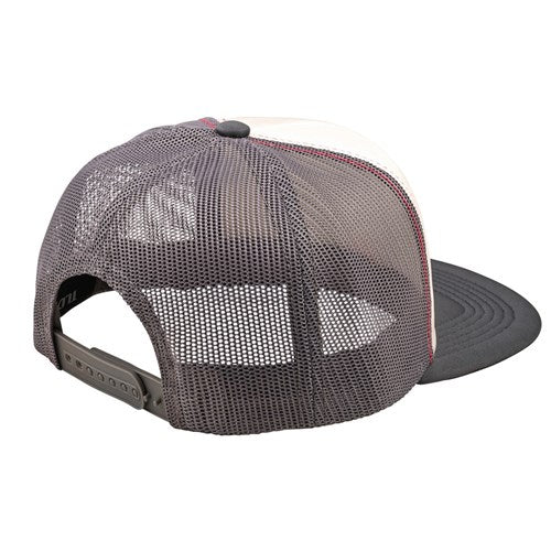 The TLD 25.1 Peace Out Trucker Hat showcases a rear view with vintage white mesh and an adjustable strap, complemented by red accents and breathable comfort, making it a standout in any collection.