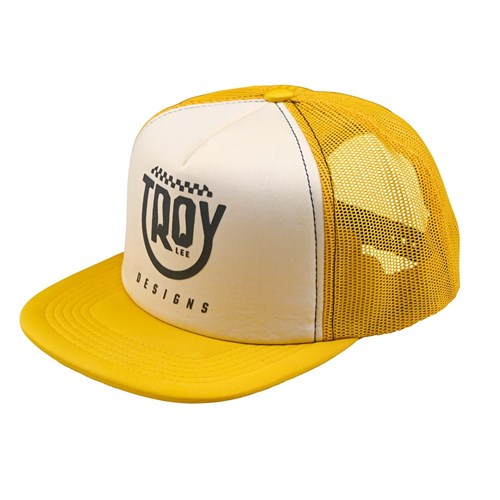 The TLD 25.1 Smiley Trucker Hat features a yellow and white design with the "Troy Lee Designs" logo, breathable mesh back, flat brim, and adjustable snapback closure for the perfect fit.