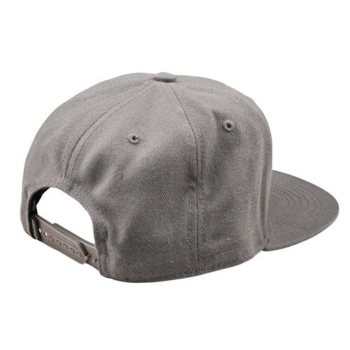 Backward-facing gray snapback featuring premium styling with an adjustable strap and six-panel design, embodying the TLD 25.1 Factory Hat vibe.