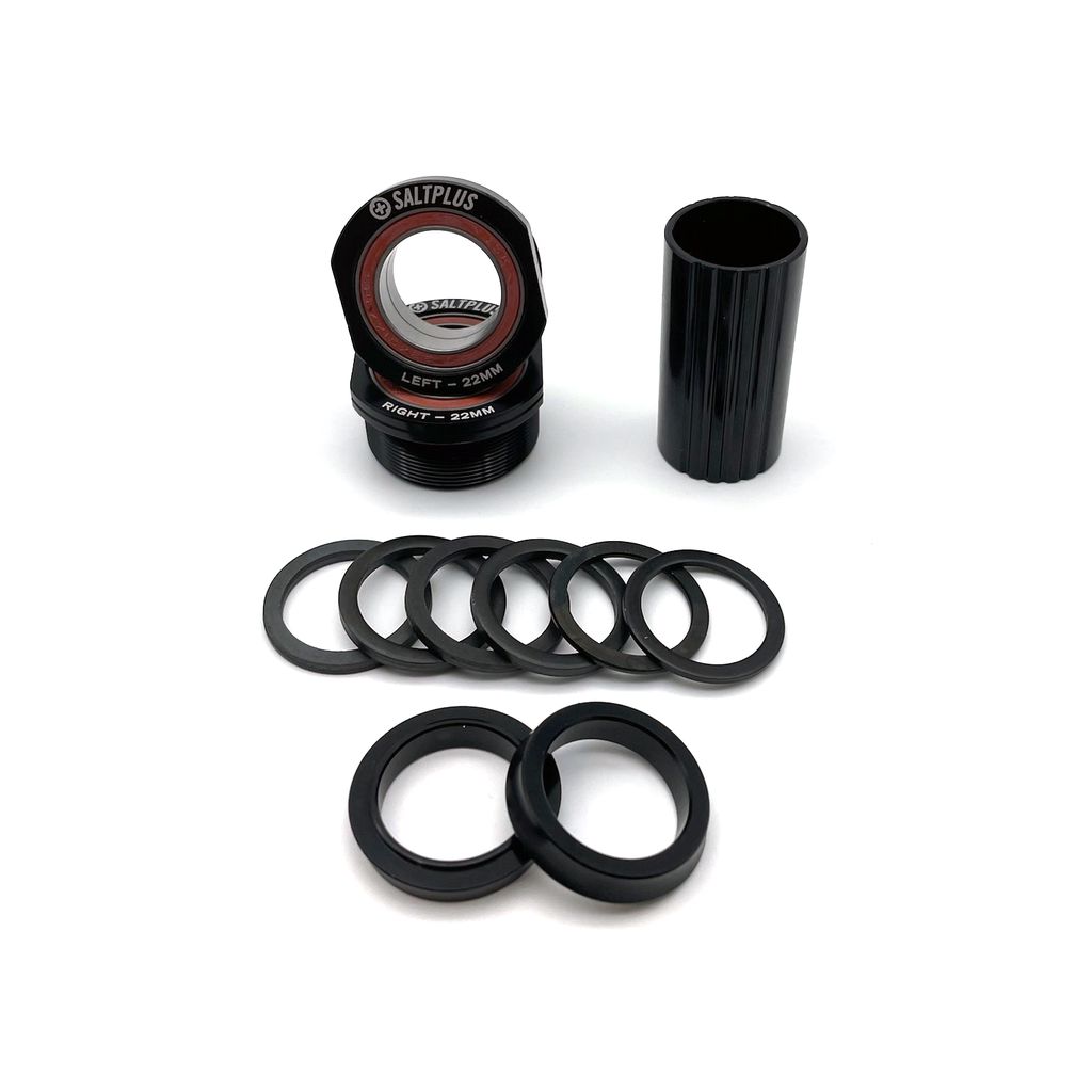 Salt Plus Echo Euro BB Set and spacer kit, including bearings labeled "Left" and "Right," additional spacers, and a cylindrical tool, compatible with 19mm or 22mm crank spindles.