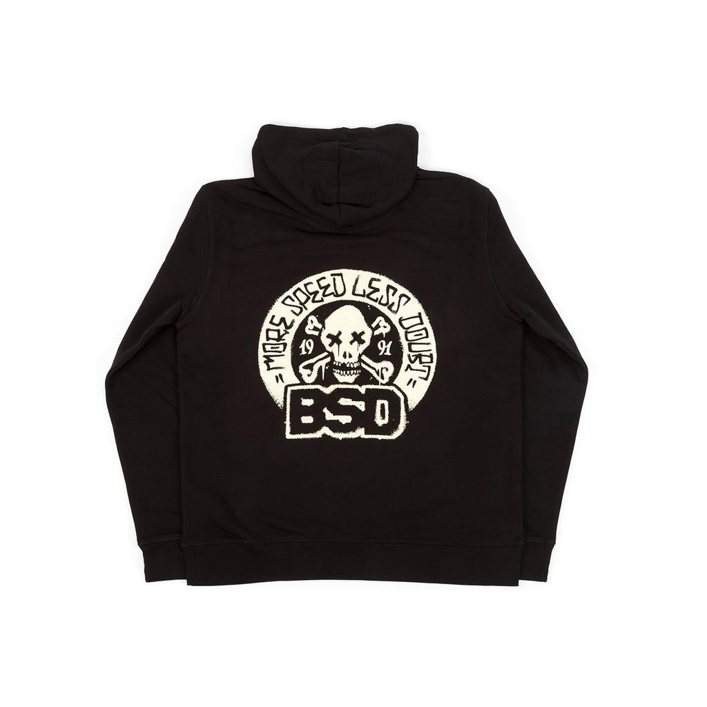 The BSD More Speed Hoodie is a black groovy sweatshirt featuring a skull and crossbones design, with "More Speed Less Doubt" and "BSD" on the back.