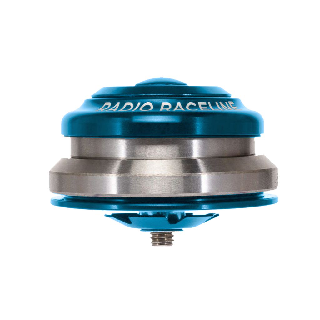 A close-up of a blue and gray metal bicycle headset component labeled "Radio Raceline" showcases the Radio Raceline 1-1/8 - 1.5 Inch Integrated Headset with high-precision bearings.