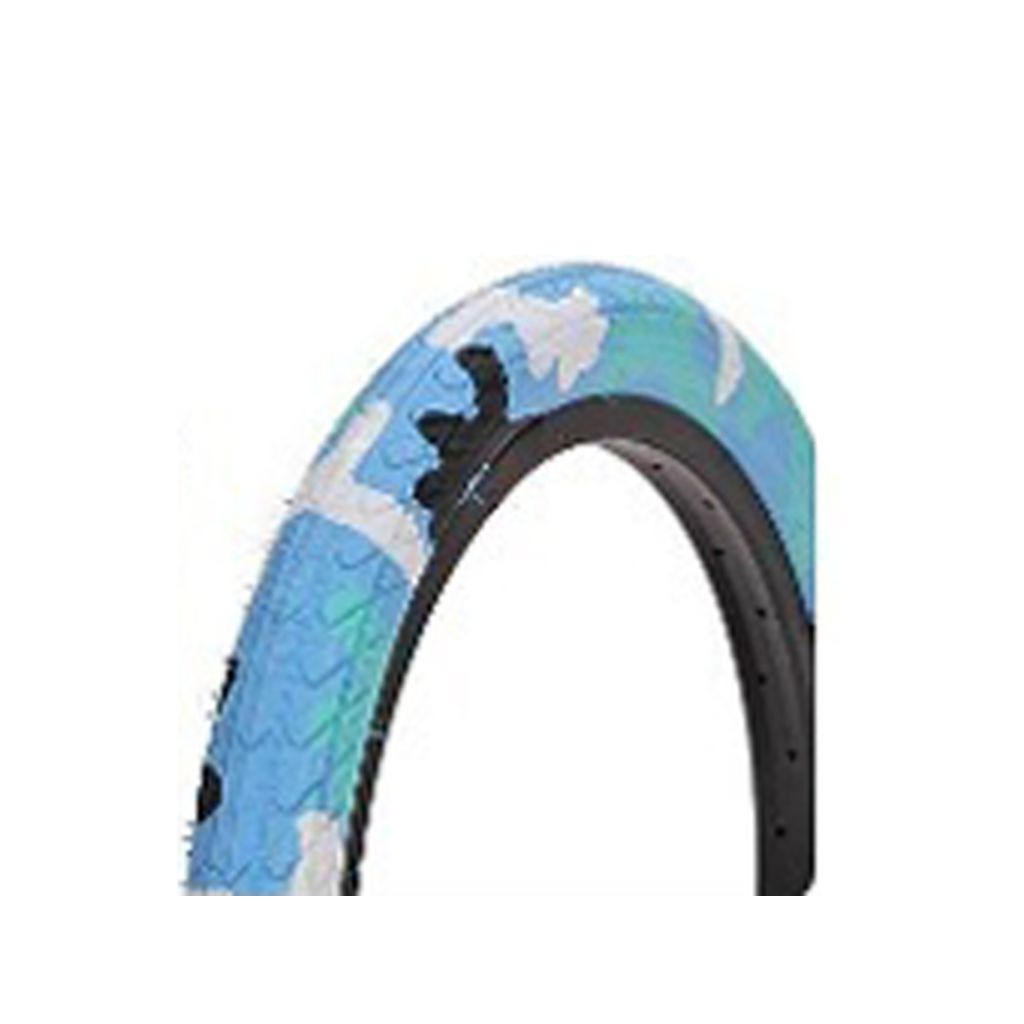 Experience superior grip with the DRS Arrow FS Coloured Tyre, featuring a striking camouflage pattern in blue, green, and white on a sleek black background. Perfect for BMX enthusiasts seeking both performance and style in every ride.