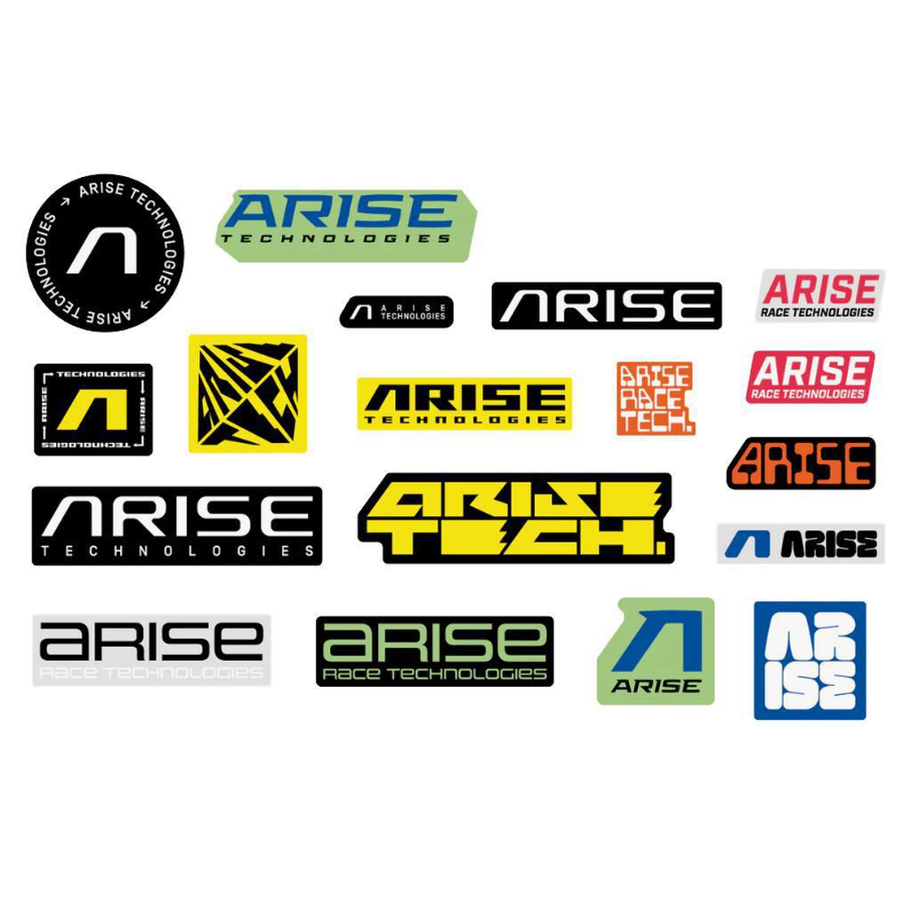 The "Arise Assorted Sticker Pack" features various "ARISE" logo designs in diverse fonts, colors, and styles. Some include extra text like "Technologies" and "Race Tech," making them ideal for sticker packs or race bike decals.