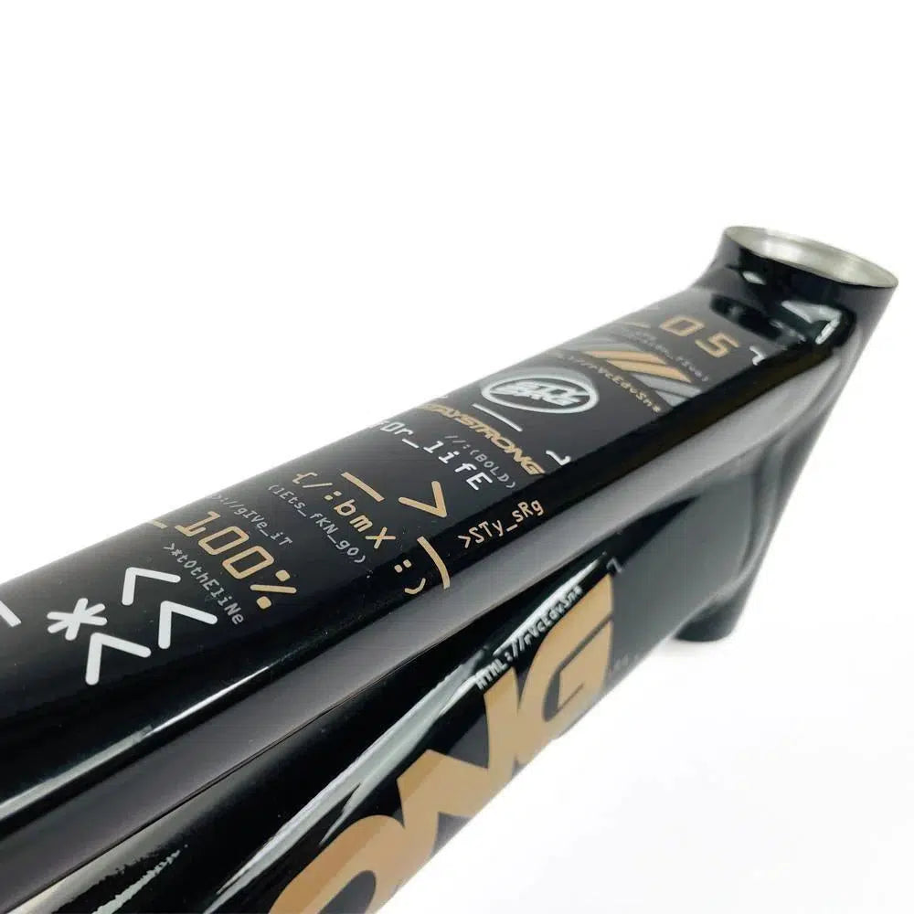 Close-up of a black Staystrong V5 Disc Junior Frame with gold and white decals displaying technical specifications and logos, showcasing the robust 6061 alloy tubing.