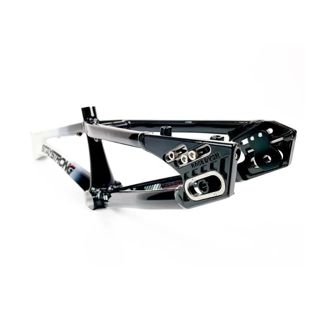 A close-up image of a black BMX bike frame, crafted from an aluminium race frame with silver accents. The Staystrong V5 Disc Pro XXXL Frame design is prominently featured, and the empty frame is positioned horizontally against a white background.