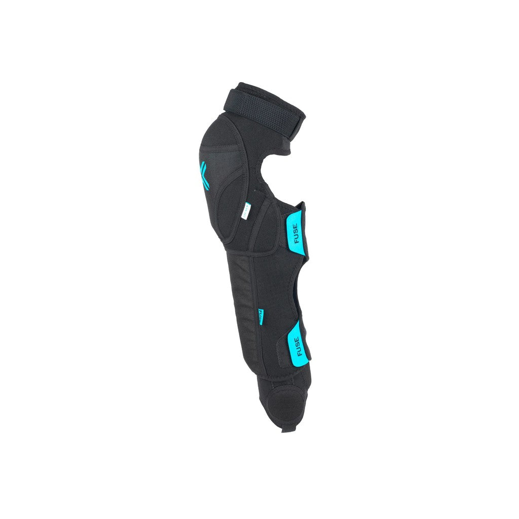 The Fuse Echo 125 Knee/Shin/Ankle Combo Pads (Pair) in black with blue accents are displayed in a side view, showcasing adjustable straps for a perfect fit and optimal impact absorption design.