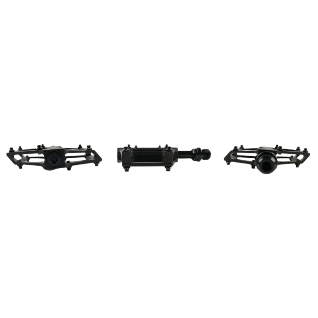 Three Arise Xenon Mini Pedals (Alloy) in black are displayed horizontally showing front, side, and end views. These super lightweight pedals feature a CNC alloy body and a sealed bearing design for a smooth ride.