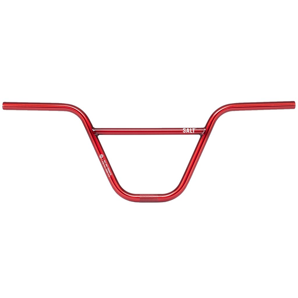 Red BMX handlebars with a slightly curved design and a crossbar reinforcing the structure, labeled "Salt Pro Bars" near the center. Crafted from seamless Chromoly for extra durability, these handlebars are perfect for riders seeking strength and reliability.