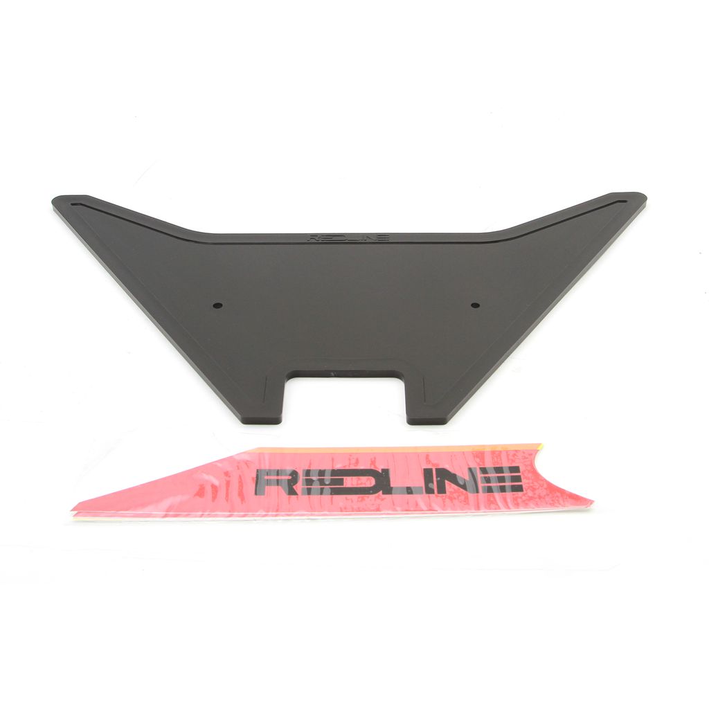 A black triangular plastic piece is positioned next to a red and white sticker that reads "REDLINE," reminiscent of the iconic Redline By Kastan Forklifter Number Plate design.