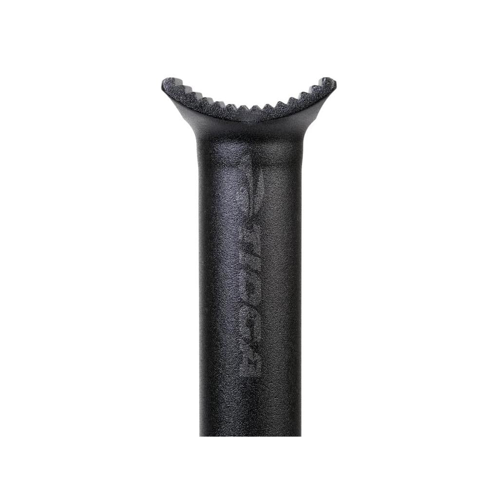 Close-up of the Tioga T-Bone Seat Post, featuring a black, grooved pivotal design made from 6061-T6 alloy with a toothed clamp section on top for precise adjustments.