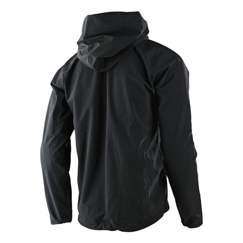 The rear view of the TLD Descent Jacket, a black hooded waterproof with long sleeves, highlights its minimalist design without visible embellishments or logos.