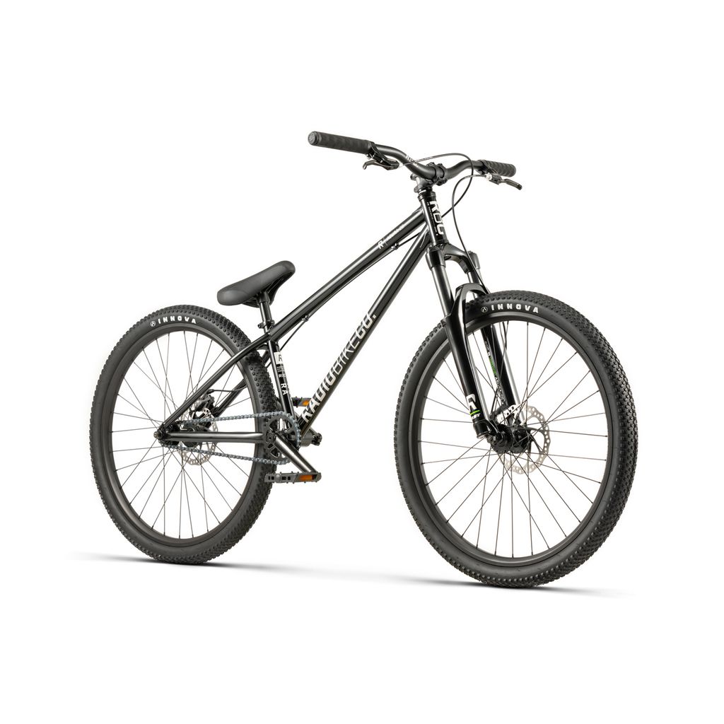 A Radio 26 Inch Asura black mountain bike with thick tires, a sturdy chromoly/steel frame, and front suspension set against a white background. Perfect for all-terrain adventures.