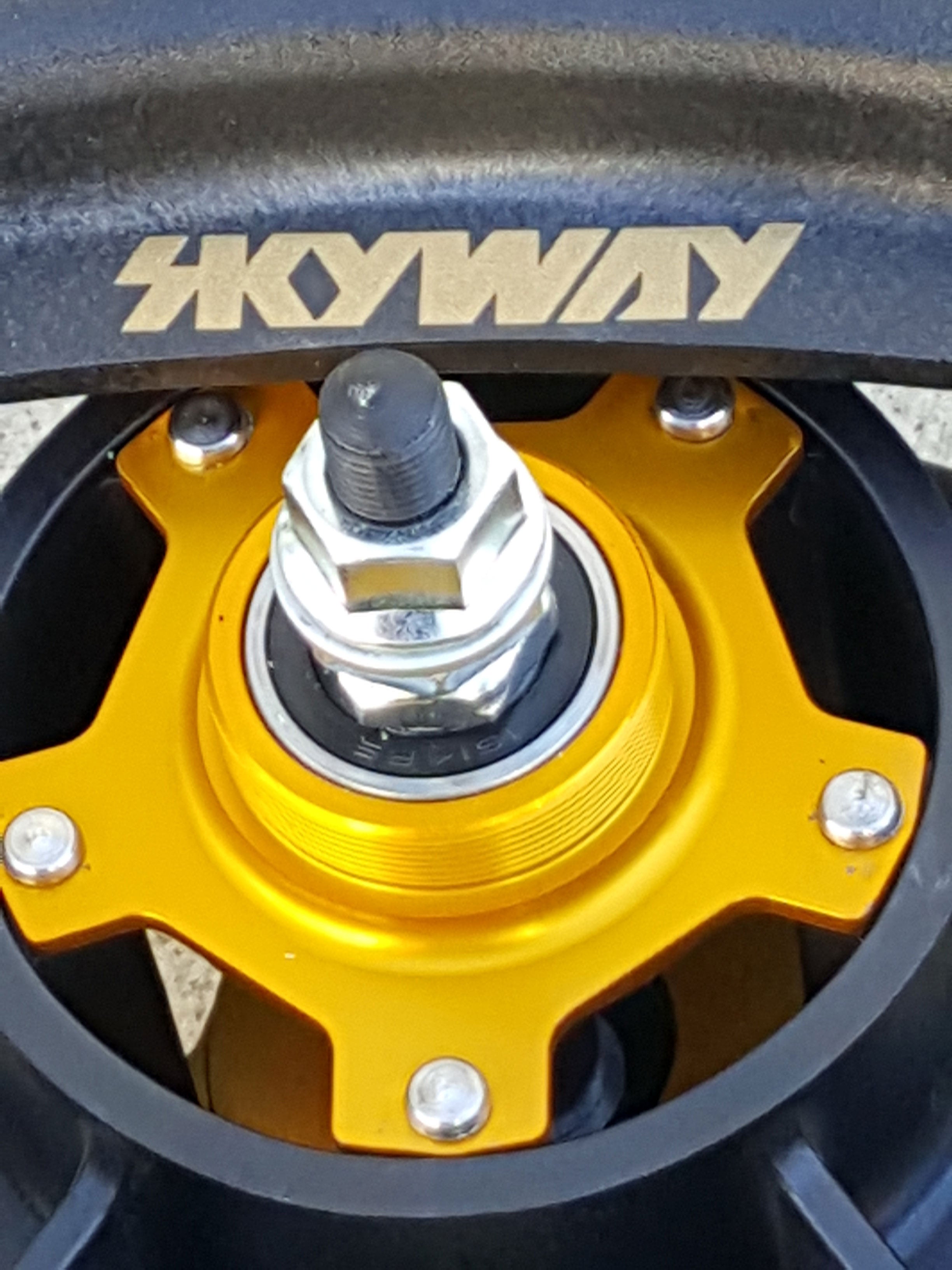 A detailed view of the Skyway Tuff II Rivet 20 Collectors Edition Wheelset hub, featuring a black rim with gold accents, highlights the intricate bolt and bearings. This wheelset is ideal for retro rebuilds and embodies classic design aesthetics that collectors admire.