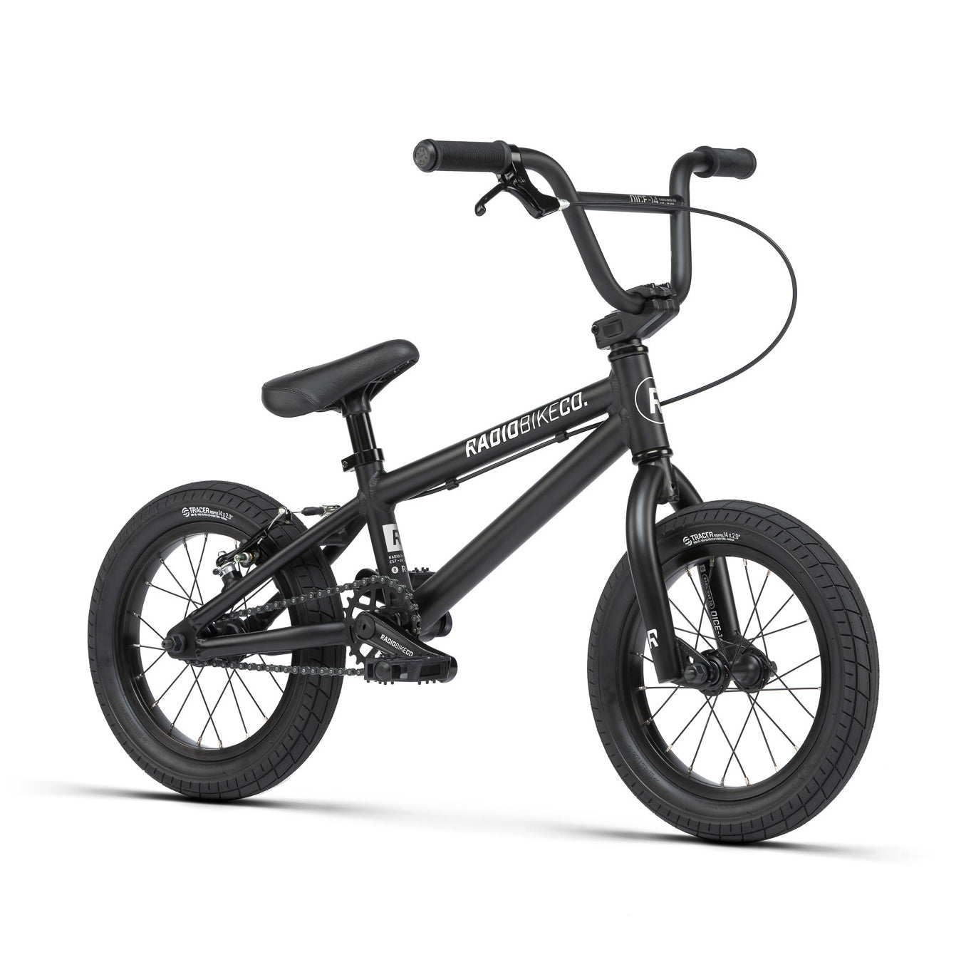 A black Radio Dice 14 Inch Bike with a lightweight 6061-T6 alloy frame, padded seat, and thick tires designed for off-road and stunt riding. The bike proudly displays "Radio Bikes Co." branding on the frame.