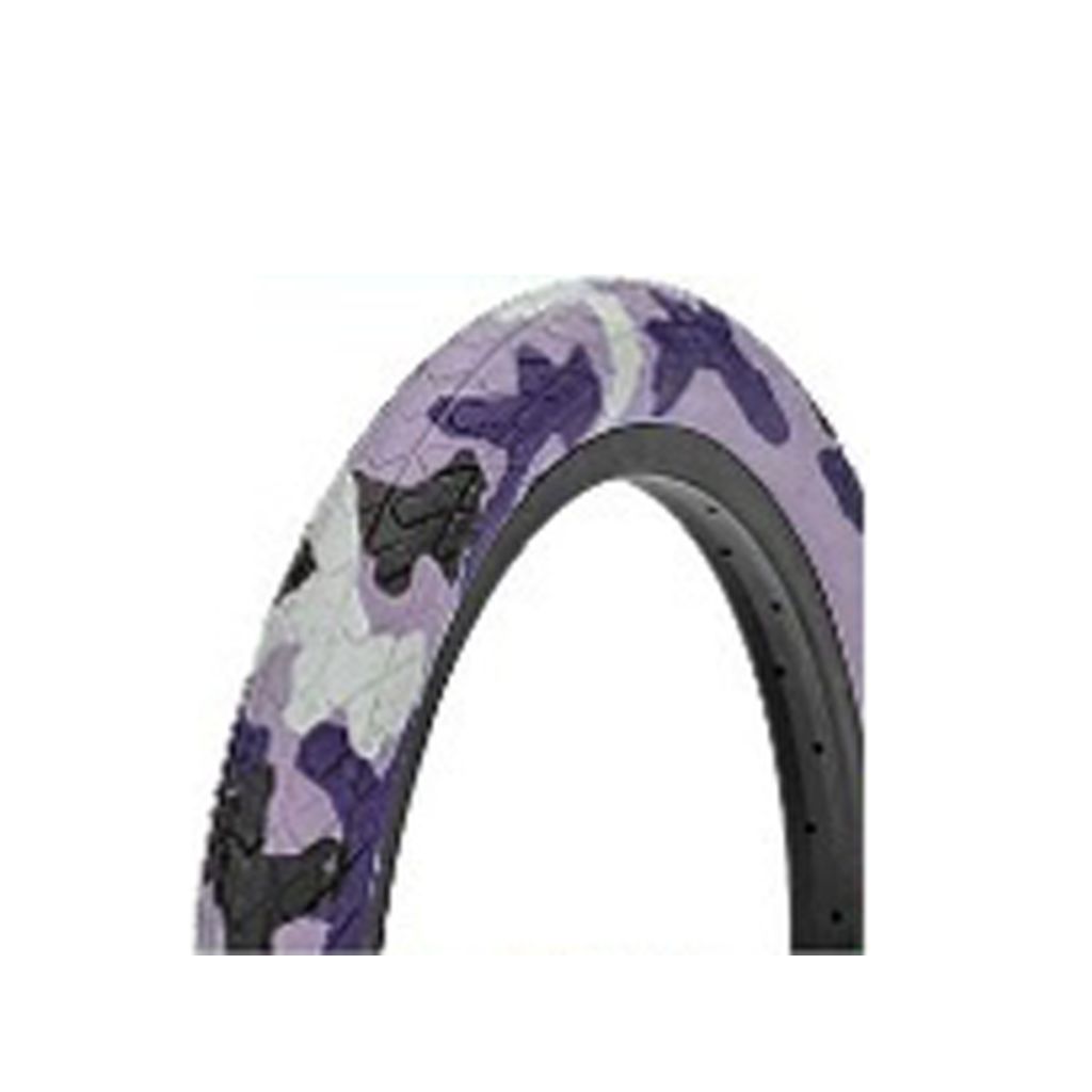 The DRS Arrow FS Coloured Tyre is a BMX tyre that boasts a purple, black, and white camouflage pattern, engineered for exceptional grip and performance.