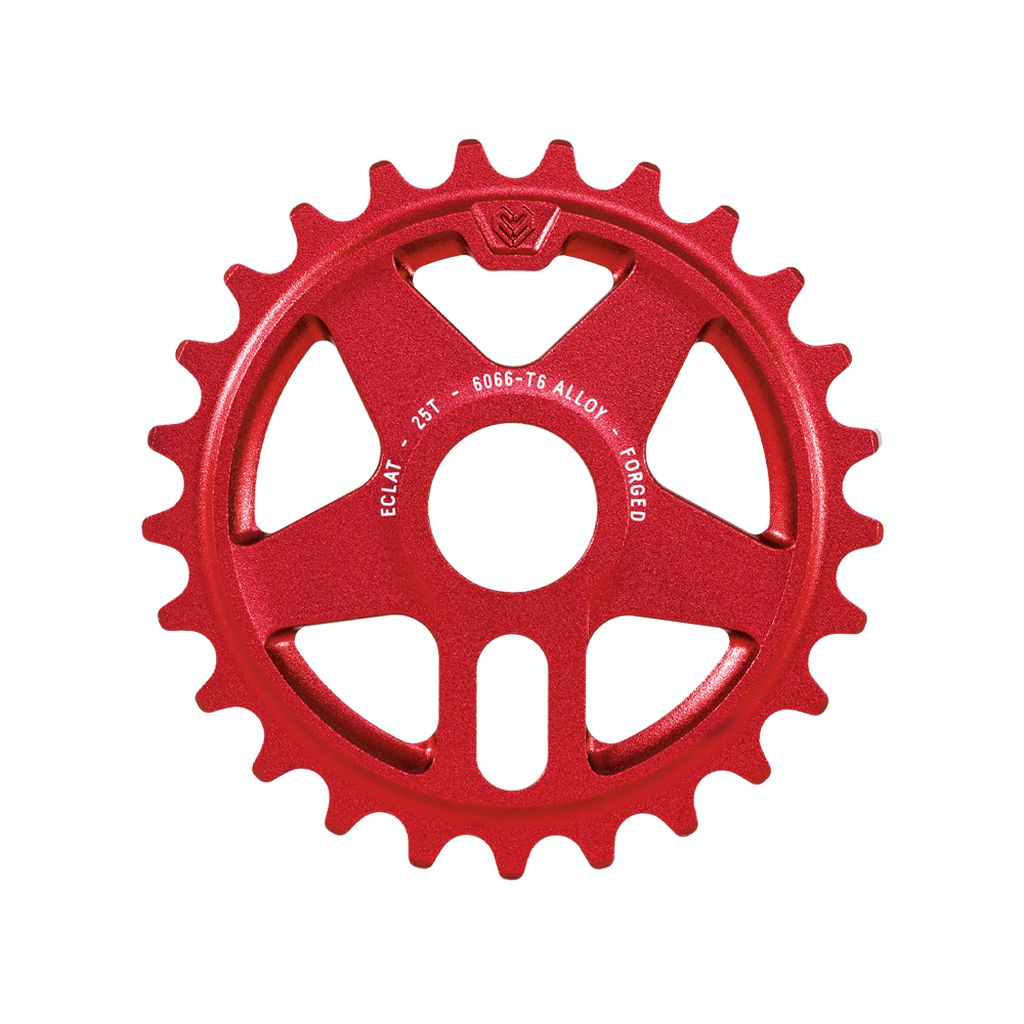 The Eclat Onyx Sprocket is a red, circular bicycle sprocket crafted with precision using cold-forging technology, featuring the text "ECLAT 25T 6066-T6 ALLOY FORGED.