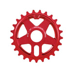 The Eclat Onyx Sprocket is a red, circular bicycle sprocket crafted with precision using cold-forging technology, featuring the text "ECLAT 25T 6066-T6 ALLOY FORGED.