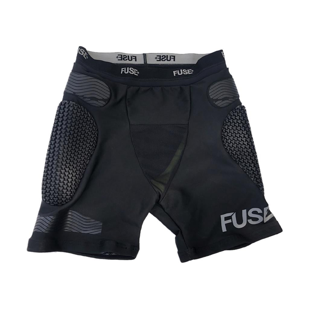 Black Fuse Impact Shorts feature padded, textured panels and advanced compression technology with the brand name "FUSE" on the waistband and leg for superior support and style.