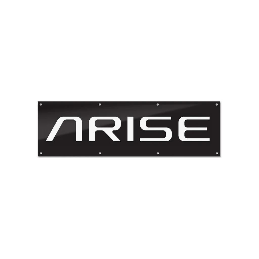 The Arise Shop Banner is a black, rectangular sign featuring "ARISE" in bold white capital letters. Made from heavy-duty nylon, it includes four corner holes for easy hanging.