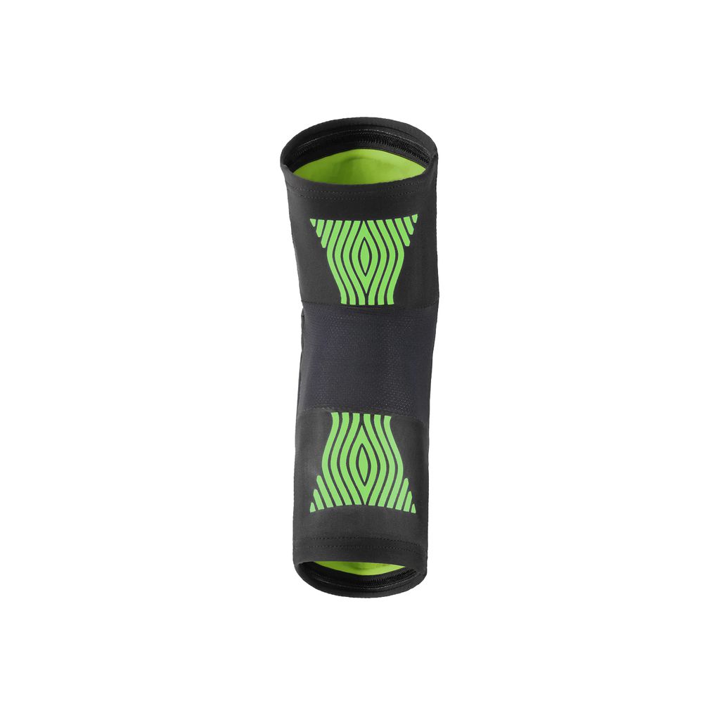 The Fuse Omega Pocket Knee Pads (Pair) in black and green feature a patterned design, rolled into a cylindrical shape, and include ultra-lite SAS-TEC for superior impact protection.