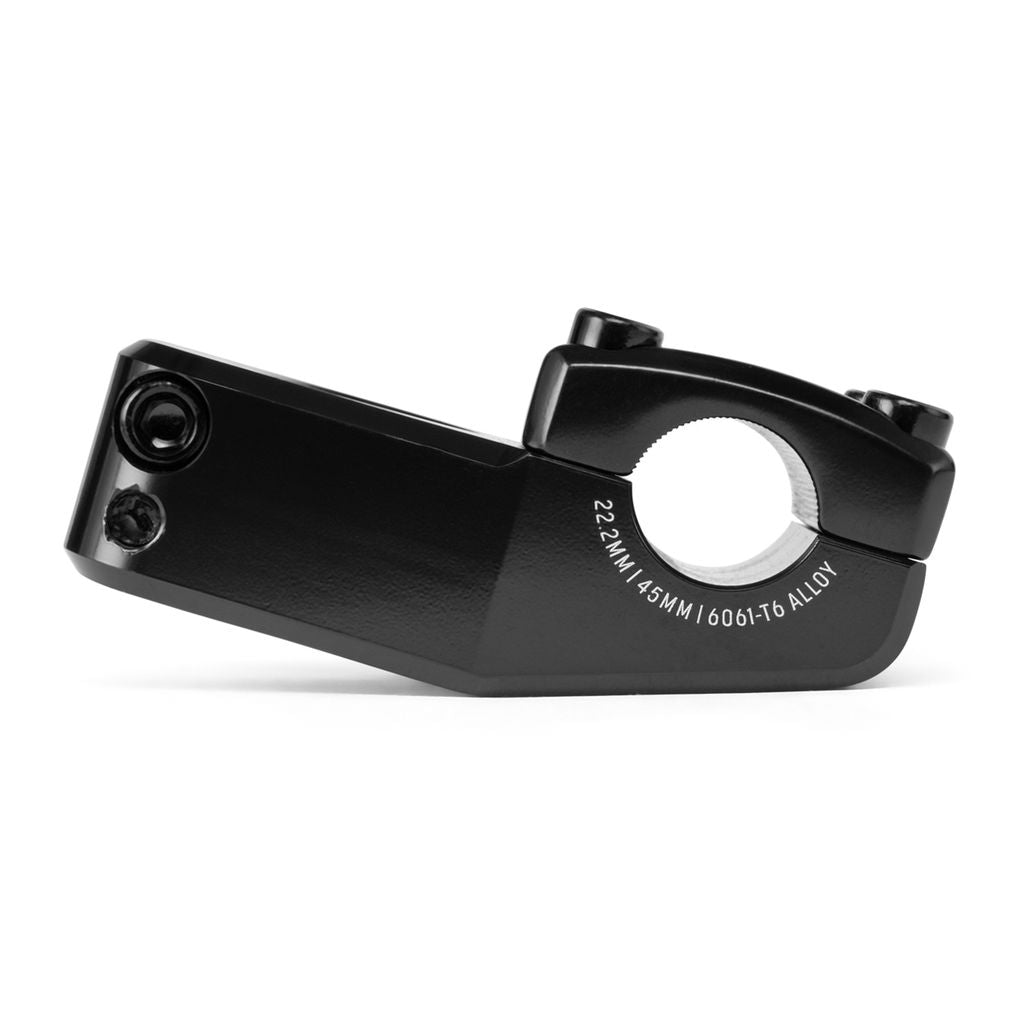 Salt AM 45 Top Load Stem in black is an alloy stem with Shark Tooth Clamping, featuring visible mounting holes and etched text detailing dimensions and material. It is perfectly designed for 18-inch bikes.