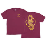 Odyssey Athens T-Shirt in maroon, featuring a small emblem on the front left chest and a large graphic design on the back with the text "Department of Freestyle" integrated into the artwork.