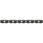 Close-up of the Izumi 1/2 x 1/8 BMX chain, a high-quality Japanese product, against a white background, featuring linked segments with gold rivets.