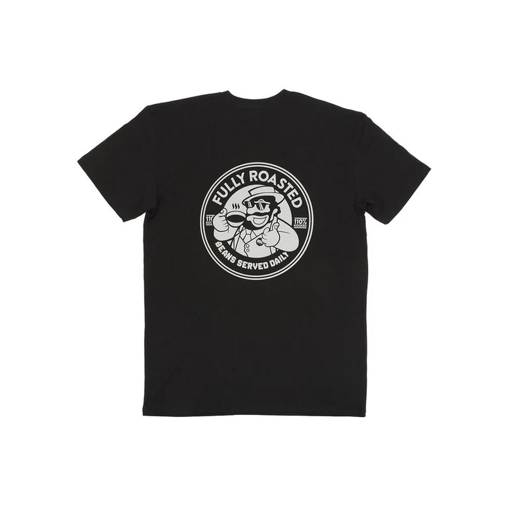 The BSD Fully Roasted T-Shirt is a black tee with a circular "FULLY ROASTED" logo and a cartoon character with a coffee cup, ideal for double shot coffee lovers.