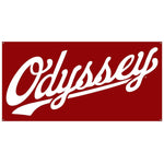 Odyssey Slugger Banner featuring the words "Odyssey Slugger" in a cursive white font on a red background, made from durable weather-resistant vinyl—ideal for any BMX enthusiast.