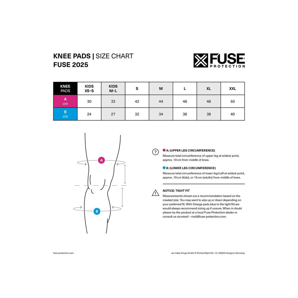 The size chart for the Fuse Omega Pocket Knee Pads (Pair) presents measurements in inches and centimeters for sizes XS to XXL. Utilizing ultra-lite SAS-TEC technology, these travel-friendly knee pads come with fitting instructions and diagrams to measure upper and lower leg circumference accurately.