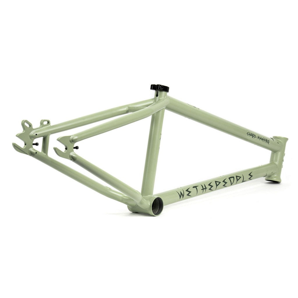 The Wethepeople Chaos Machine 22 Frame (Tyson Jones-Peni Signature) is a light green bicycle frame adorned with black text and graphics, offering an ergonomic design, a 22-inch build, and trail geometry with multiple mounting points.