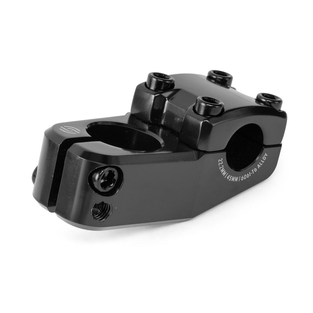 A sleekly designed Salt AM 45 Top Load Stem in black alloy, featuring shark tooth clamping for secure attachment, multiple bolts, and a visible size marking on the side. Perfect for 18-inch bikes.