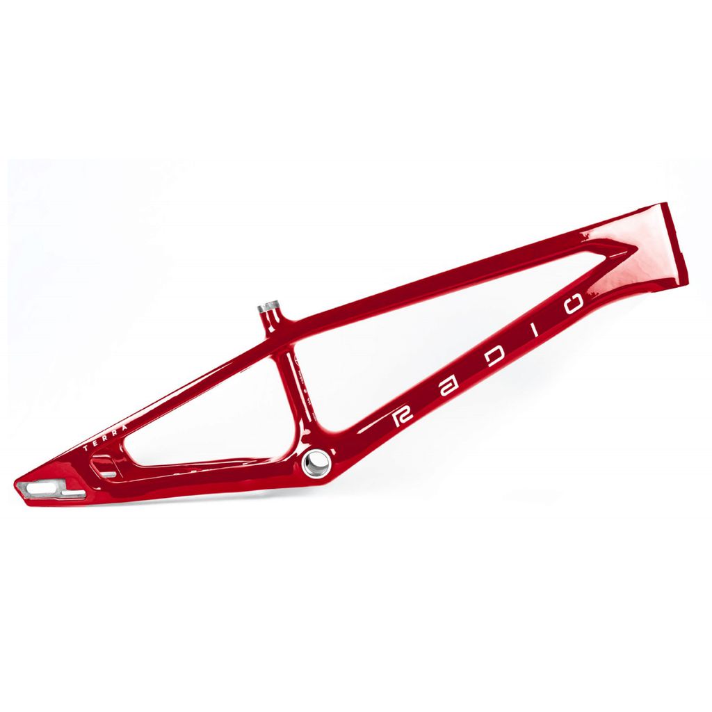 The Radio Raceline Terra Pro XL Frame is a red bicycle frame featuring the "RADIO" text on the side. It boasts a simplistic and modern design, complete with a sliding dropout system for seamless adjustments.