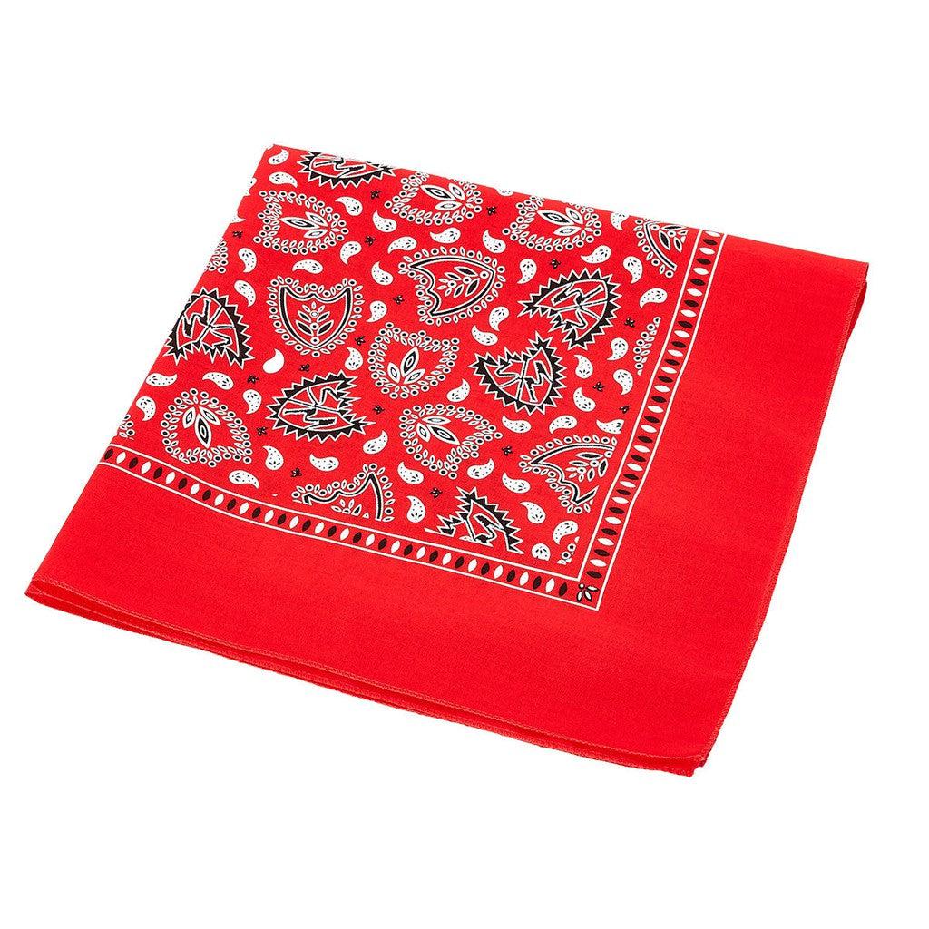 A red S&M Bandana with a white and black paisley pattern lies folded on a white surface.