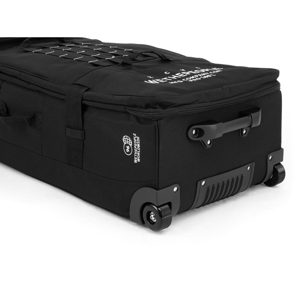 The Wethepeople Travel Bike Bag is a black wheeled travel bag made from durable materials, featuring zippers, handles, branding, and an airline-friendly design.