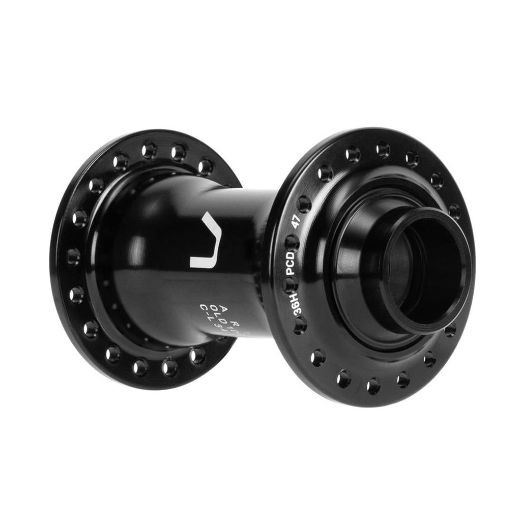 The Arise Echo Front Hub is a black, cylindrical hub featuring multiple spoke holes on each flange and visible engravings. Its lightweight design includes oversized bearings, making it ideal for high-performance cycling.