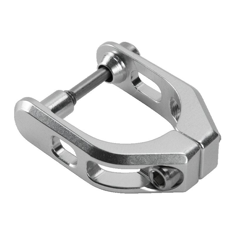 The Lewis LV Upgraded CNC Lever Clamp, made from 7075T6 Aluminum, includes a U-shaped hinge with two cut-out sections on each side and a bolt, all precisely crafted through CNC machining.